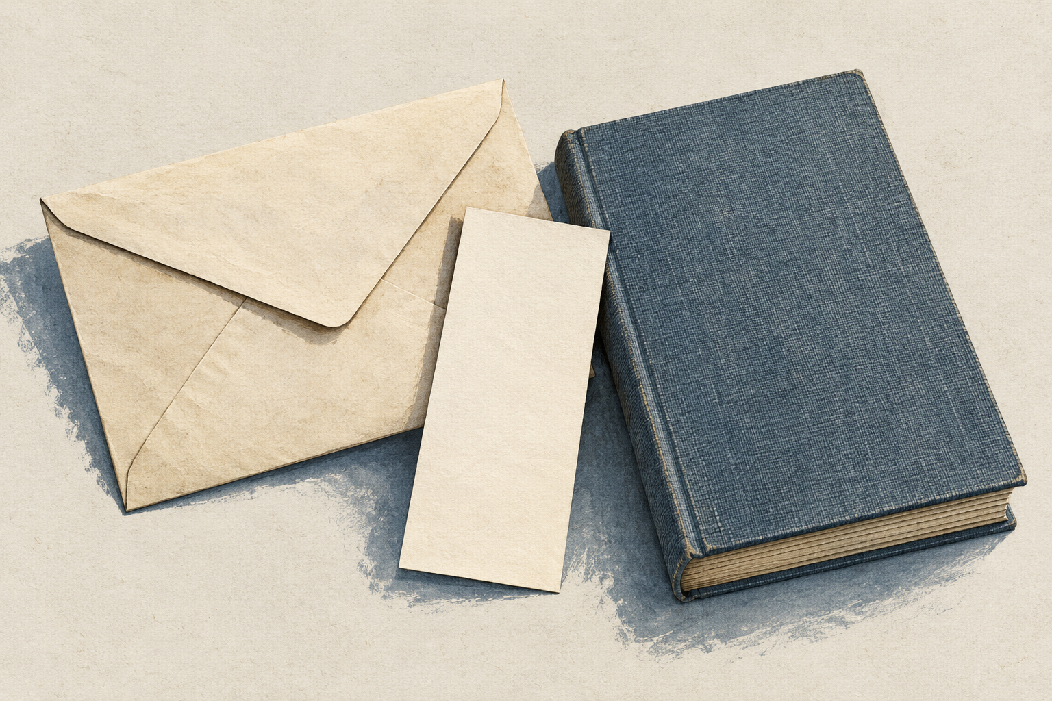 Concept illustration of a book, envelope and blank slip of paper.